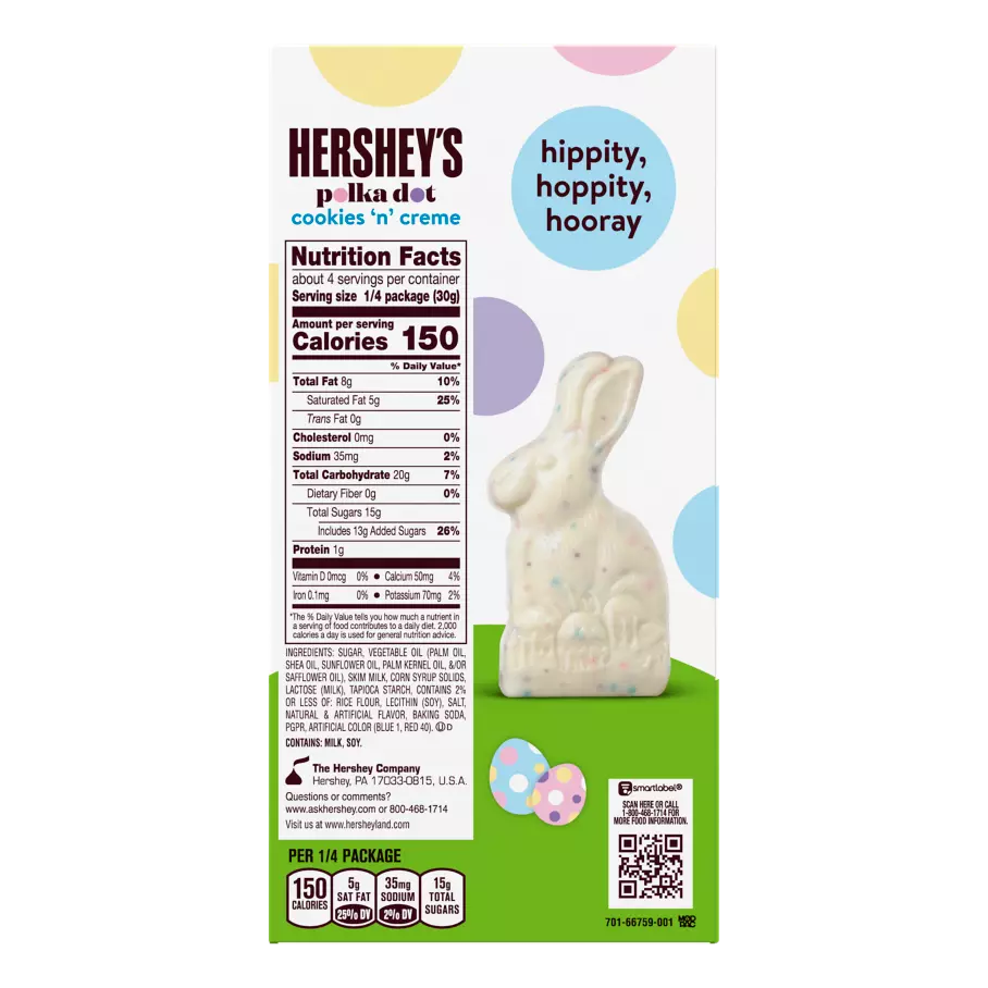 HERSHEY'S COOKIES 'N' CREME Polka Dot Bunny, 4.25 oz box - Back of Package
