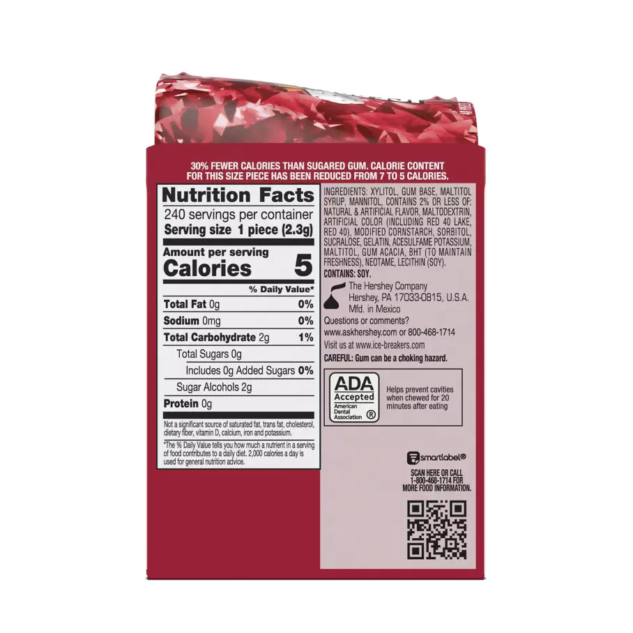 ICE BREAKERS ICE CUBES Cinnamon Sugar Free Gum, 19.44 oz box, 6 pack - Back of Package