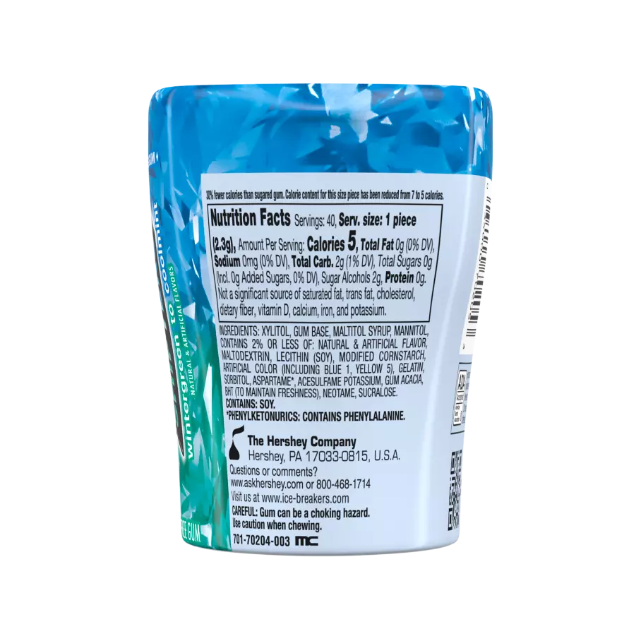 ICE BREAKERS FLAVOR SHIFTERS Wintergreen to Coolmint Sugar Free Gum, 3.24 oz bottle, 40 pieces - Back of Package