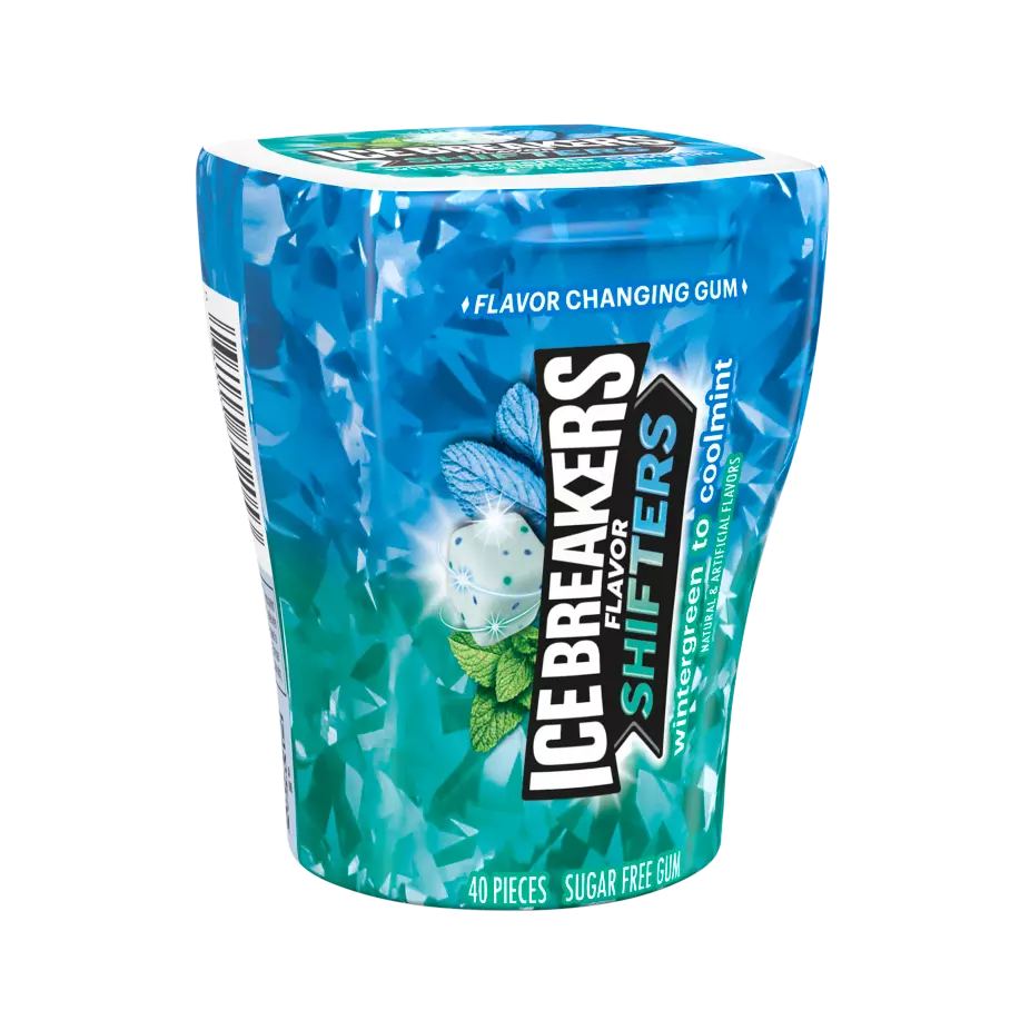 ICE BREAKERS FLAVOR SHIFTERS Wintergreen to Coolmint Sugar Free Gum, 3.24 oz bottle, 40 pieces - Front of Package