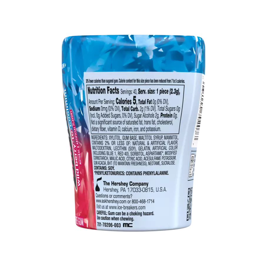 ICE BREAKERS FLAVOR SHIFTERS Wild Berry to Coolmint Sugar Free Gum, 3.24 oz bottle, 40 pieces - Back of Package