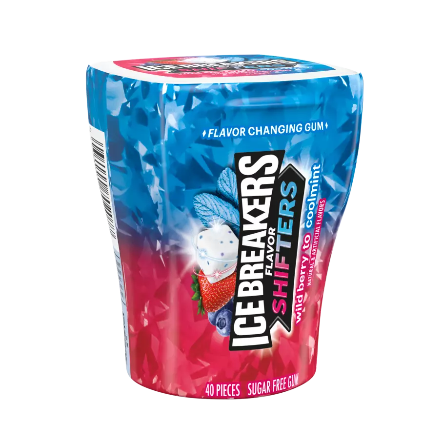 ICE BREAKERS FLAVOR SHIFTERS Wild Berry to Coolmint Sugar Free Gum, 3.24 oz bottle, 40 pieces - Front of Package