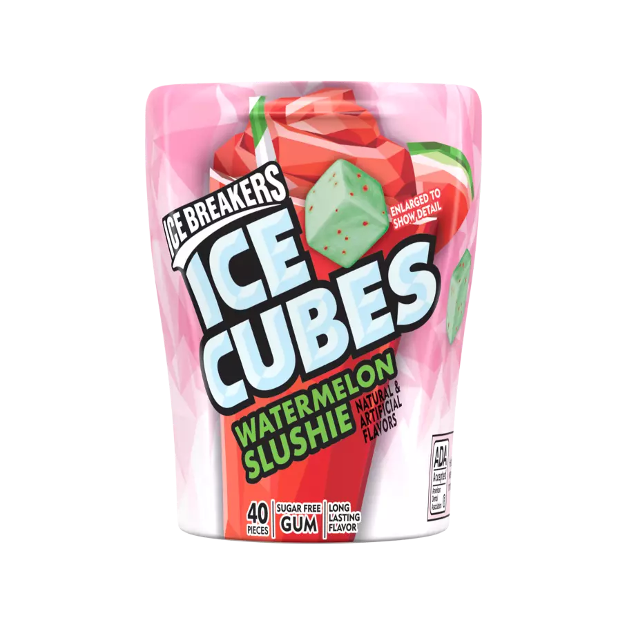 ICE BREAKERS ICE CUBES Watermelon Slushie Sugar Free Gum, 3.24 oz bottle, 40 pieces - Front of Package