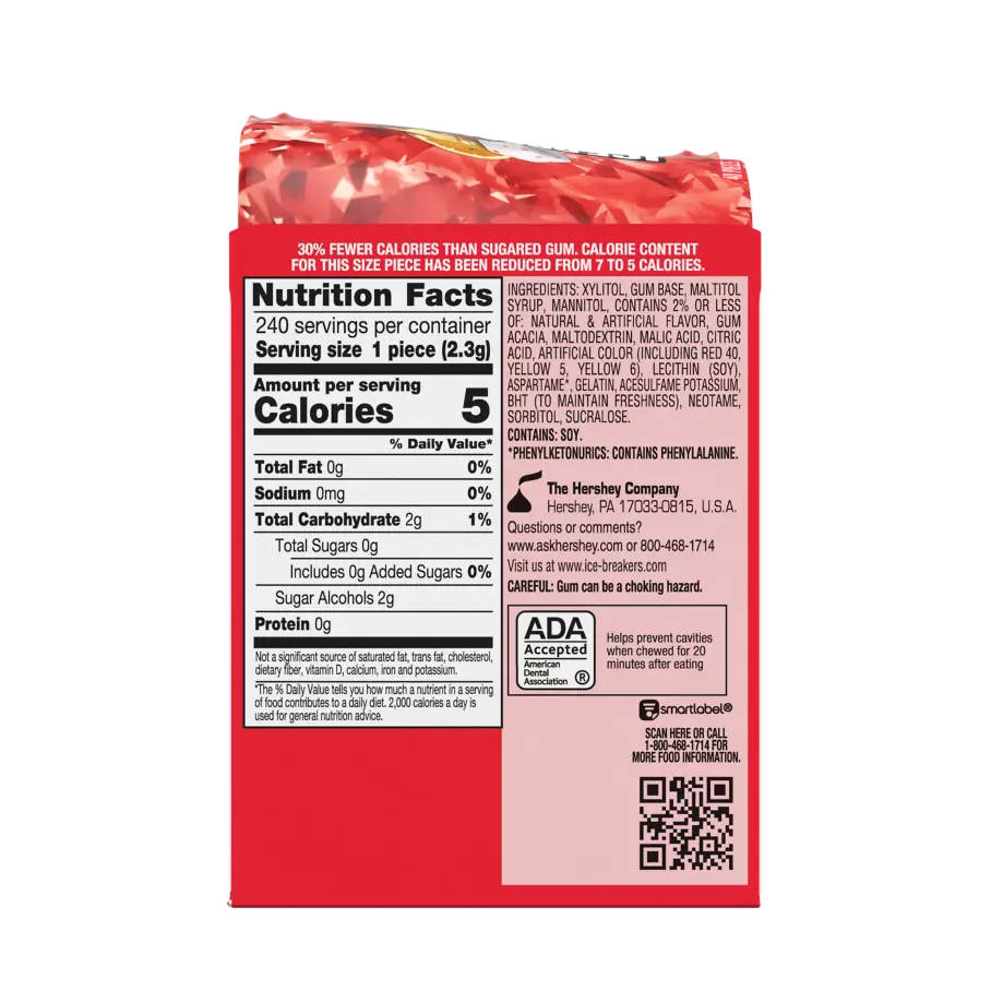 ICE BREAKERS ICE CUBES Fruit Punch Sugar Free Gum, 3.24 oz bottle, 6 count box - Back of Package
