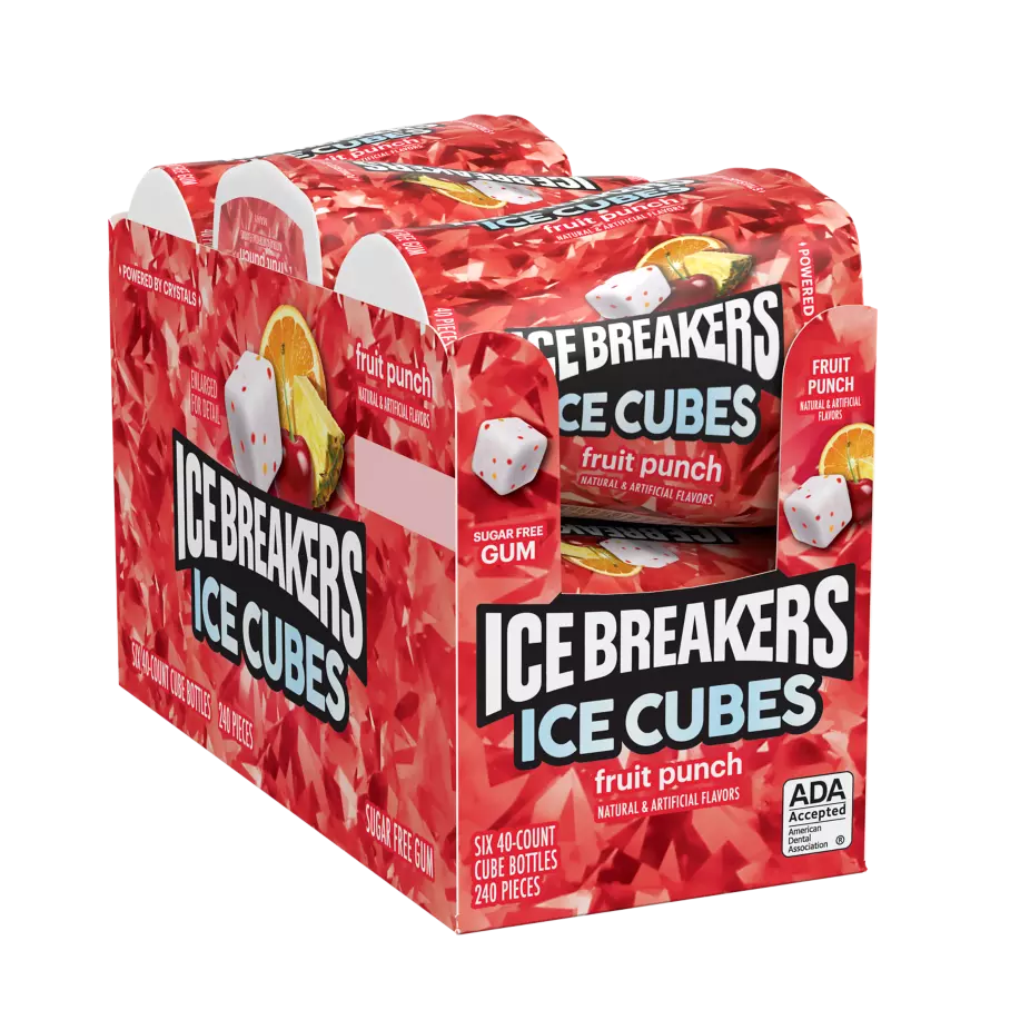 ICE BREAKERS ICE CUBES Fruit Punch Sugar Free Gum, 3.24 oz bottle, 6 count box - Front of Package