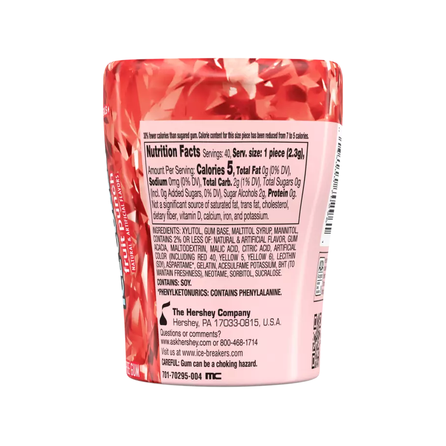 ICE BREAKERS ICE CUBES Fruit Punch Sugar Free Gum, 3.24 oz bottle, 40 pieces - Back of Package