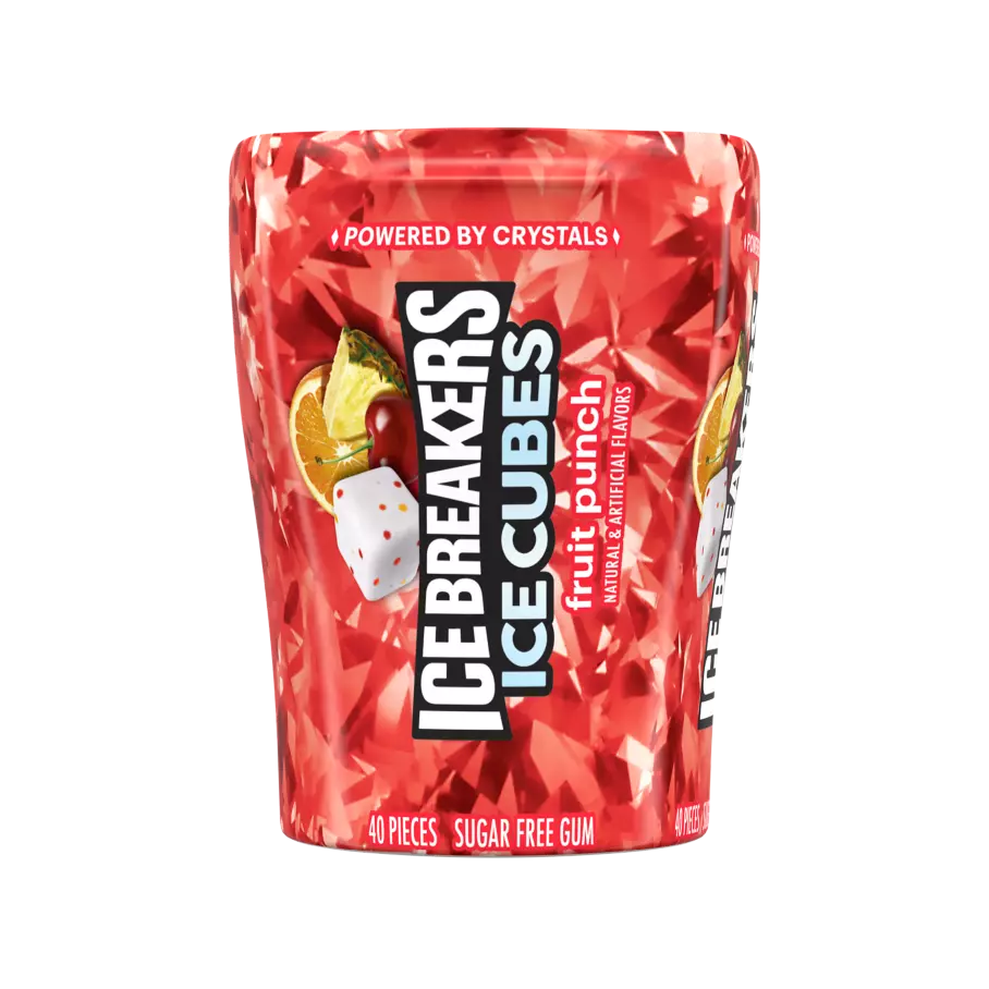 ICE BREAKERS ICE CUBES Fruit Punch Sugar Free Gum, 3.24 oz bottle, 6 count box - Out of Package