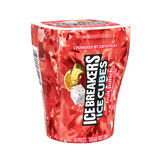 ICE BREAKERS ICE CUBES Fruit Punch Sugar Free Gum, 3.24 oz bottle, 40 pieces - Front of Package