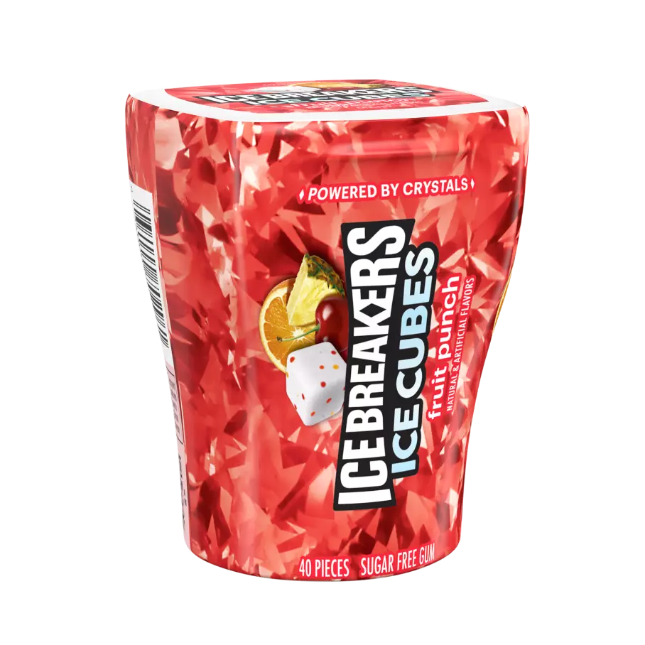 ICE BREAKERS ICE CUBES Fruit Punch Sugar Free Gum, 3.24 oz bottle, 40 pieces - Front of Package