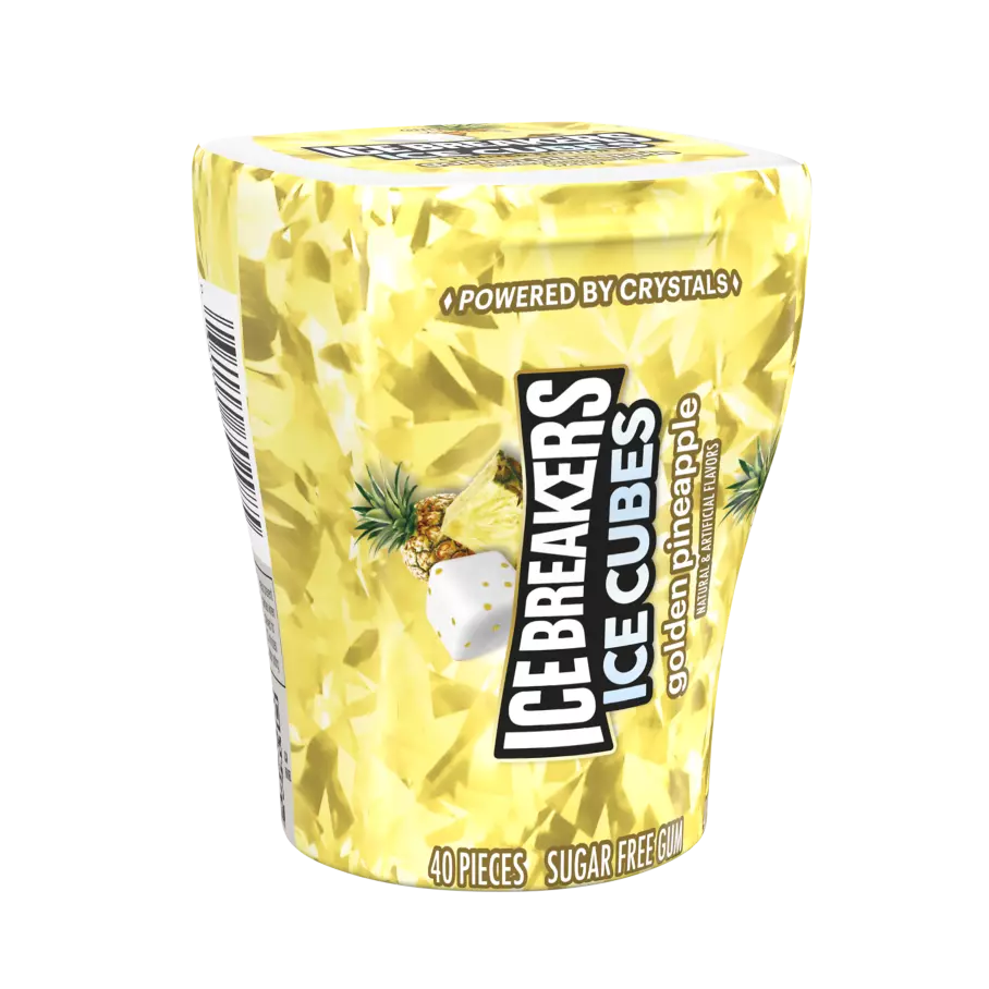 ICE BREAKERS ICE CUBES Golden Pineapple Sugar Free Gum, 3.24 oz bottle, 40 pieces - Front of Package