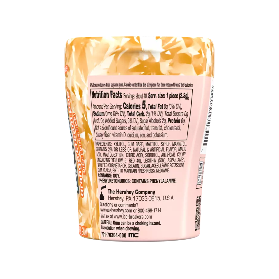 ICE BREAKERS ICE CUBES Orange Cream Pop Sugar Free Gum, 3.24 oz bottle, 40 pieces - Back of Package