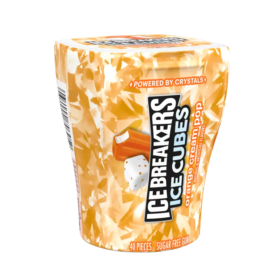 ICE BREAKERS ICE CUBES Orange Cream Pop Sugar Free Gum, 3.24 oz bottle, 40 pieces - Front of Package