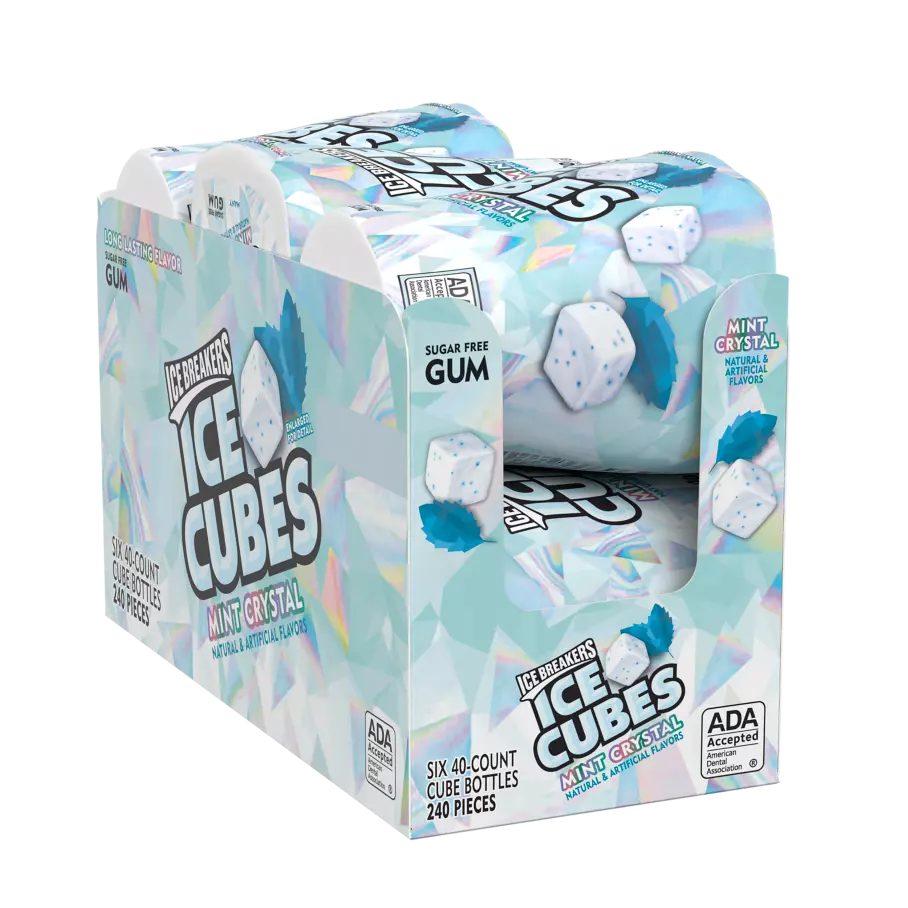 ICE BREAKERS ICE CUBES Mint Crystal Sugar Free Gum, 3.24 oz bottle, 6 count box - Front of Package