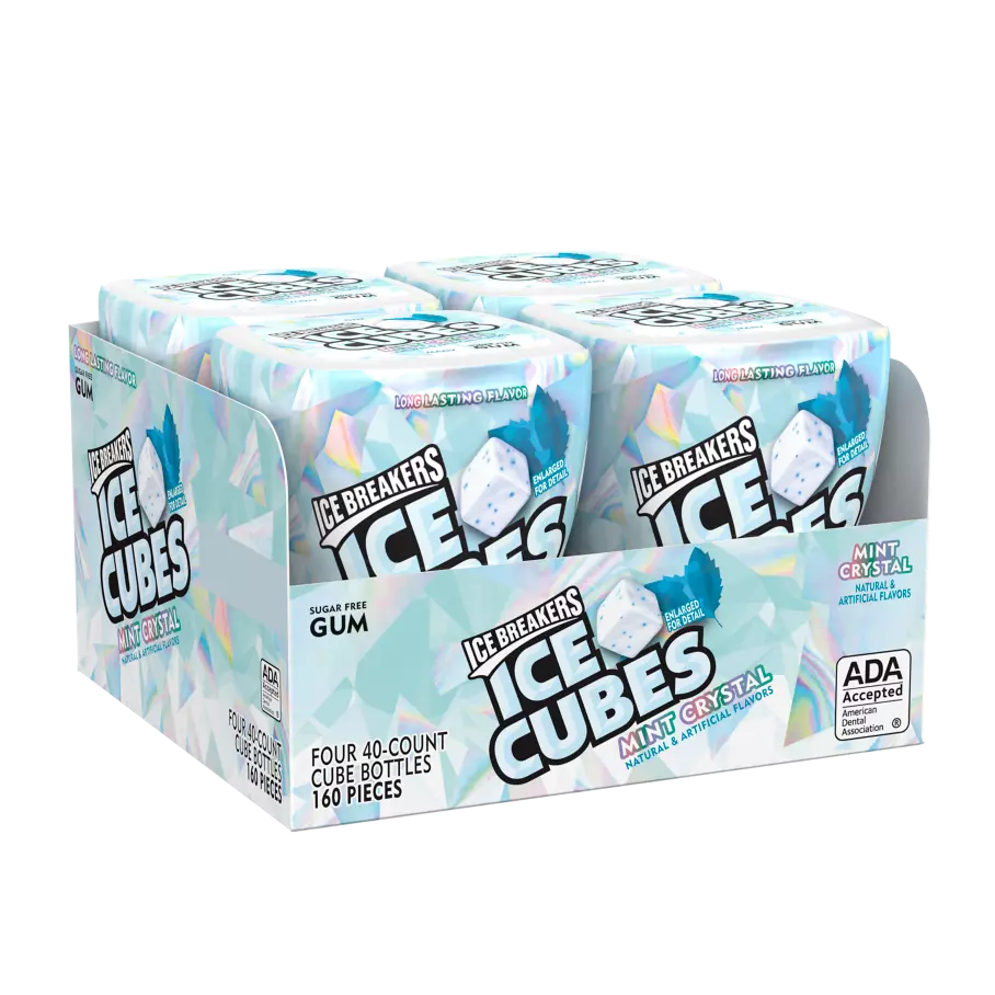ICE BREAKERS ICE CUBES Mint Crystal Sugar Free Gum, 3.24 oz bottle, 4 count box - Front of Package