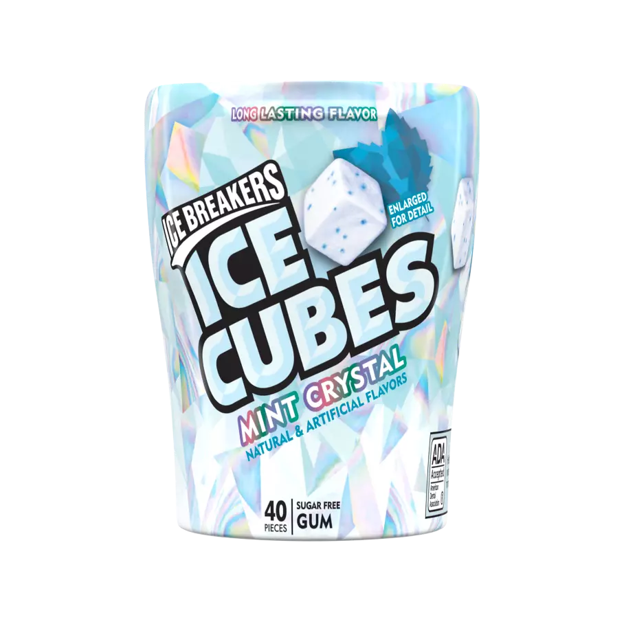 ICE BREAKERS ICE CUBES Mint Crystal Sugar Free Gum, 3.24 oz bottle, 40 pieces - Front of Package