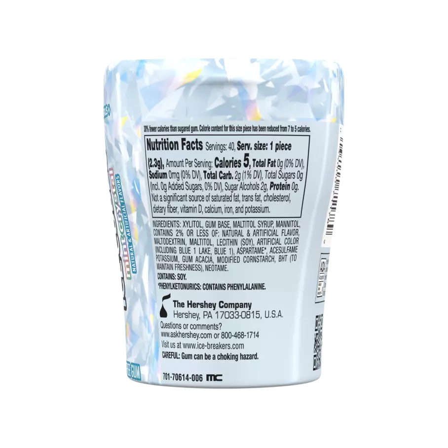 ICE BREAKERS ICE CUBES Mint Crystal Sugar Free Gum, 3.24 oz bottle, 40 pieces - Back of Package