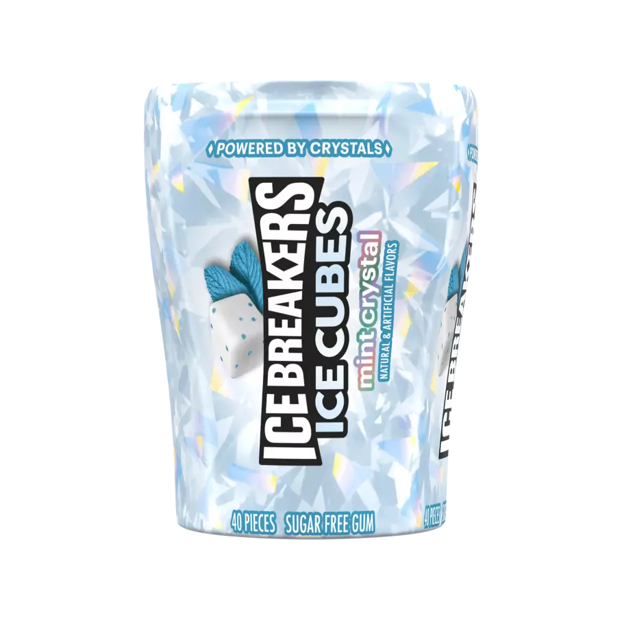 ICE BREAKERS ICE CUBES Mint Crystal Sugar Free Gum, 3.24 oz bottle, 40 pieces - Front of Package