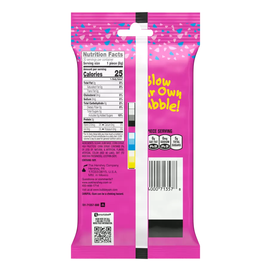 BUBBLE YUM Original Flavor Bubble Gum, 2.82 oz, 3 pack - Back of Package