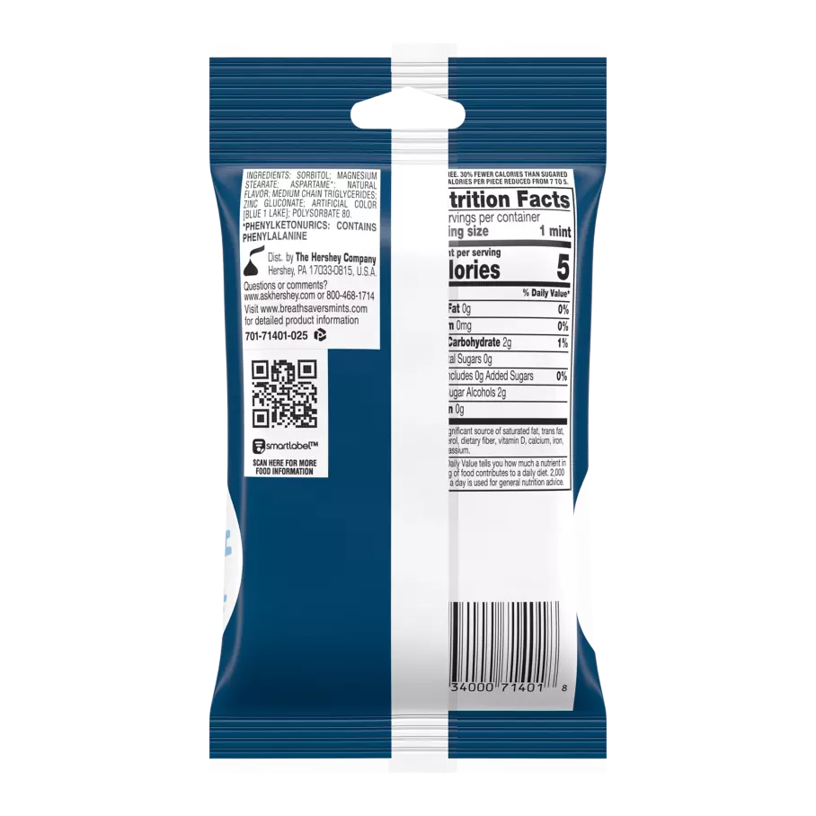 BREATH SAVERS Peppermint Sugar Free Mints, 0.75 oz roll, 5 pack - Back of Package