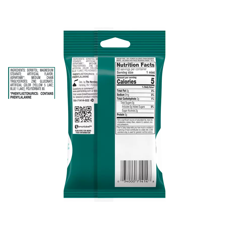 BREATH SAVERS Wintergreen Sugar Free Mints, 0.75 oz roll, 5 pack - Back of Package