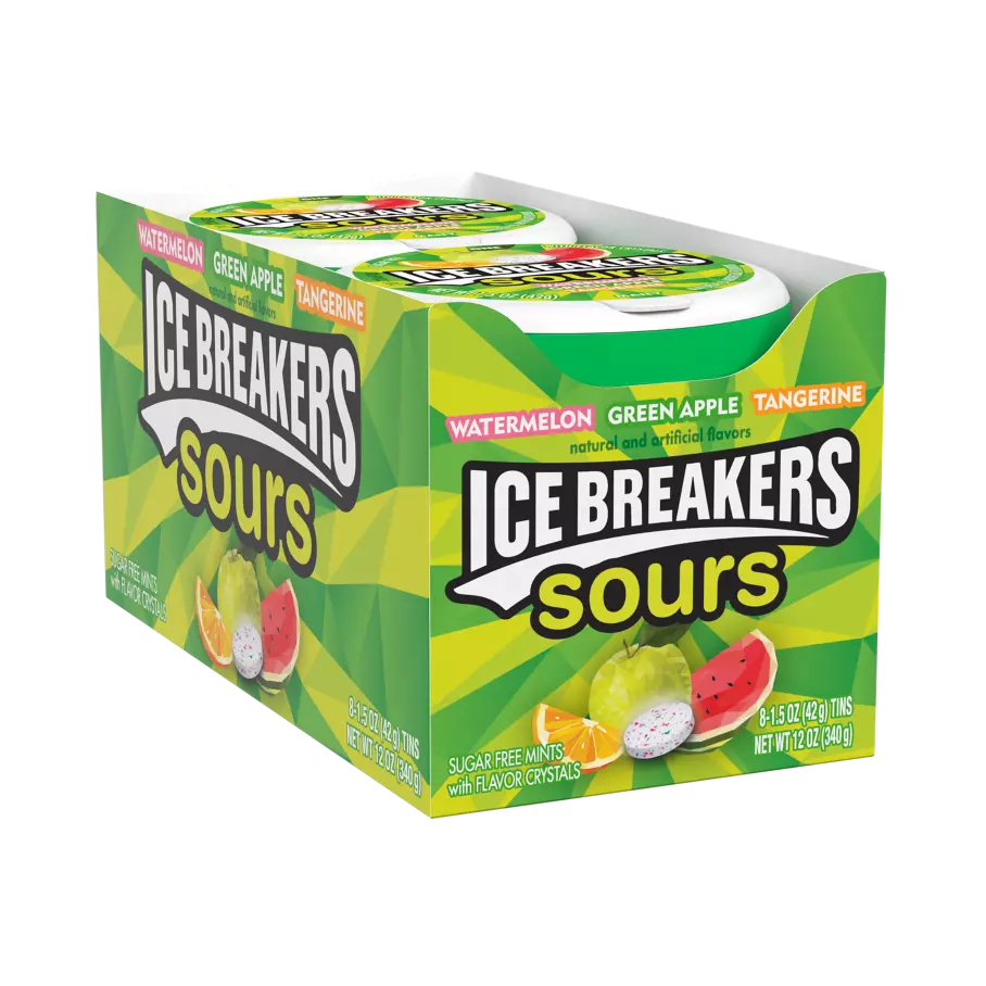 ICE BREAKERS Sours Sour Fruits Sugar Free Mints, 1.5 oz puck, 8 count box - Front of Package