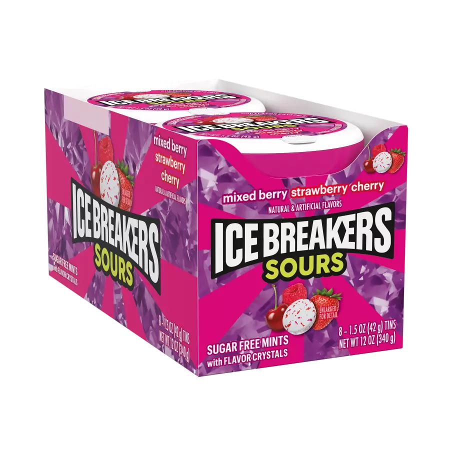 ICE BREAKERS Sours Mixed Berry Sugar Free Mints, 12 oz box, 8 pack - Front of Package
