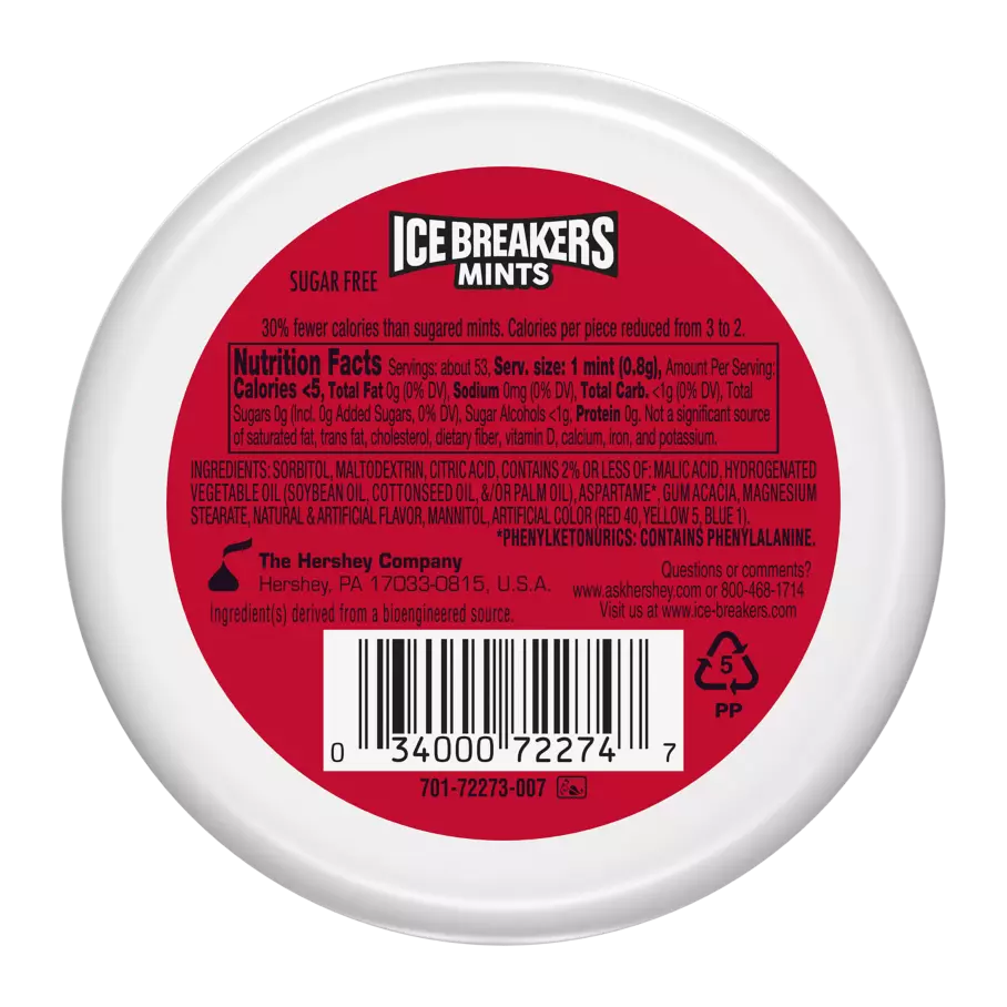 ICE BREAKERS Cherry Limeade Sugar Free Mints, 1.5 oz puck - Back of Package