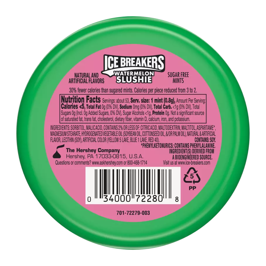 ICE BREAKERS Watermelon Slushie Sugar Free Mints, 1.5 oz puck - Back of Package