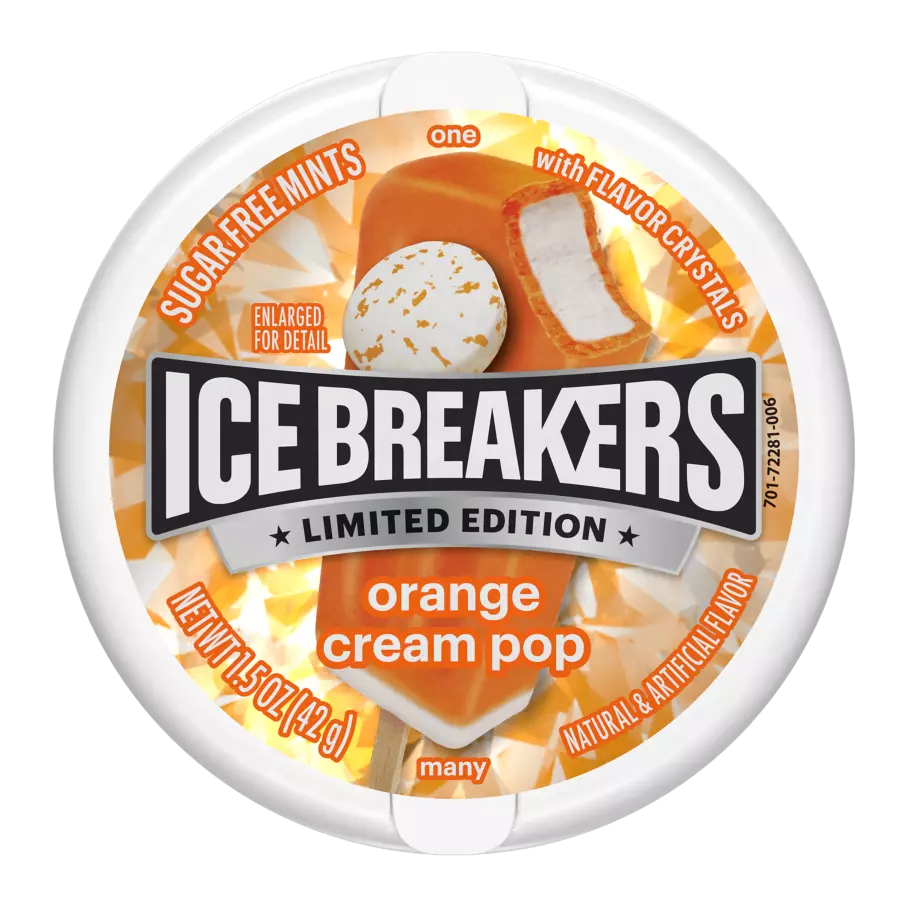 ICE BREAKERS Orange Cream Pop Sugar Free Mints, 1.5 oz puck - Front of Package