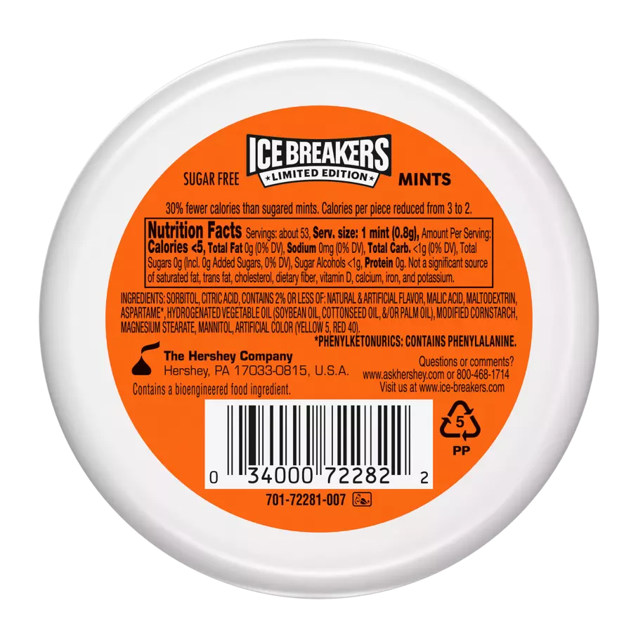 ICE BREAKERS Orange Cream Pop Sugar Free Mints, 1.5 oz puck - Back of Package