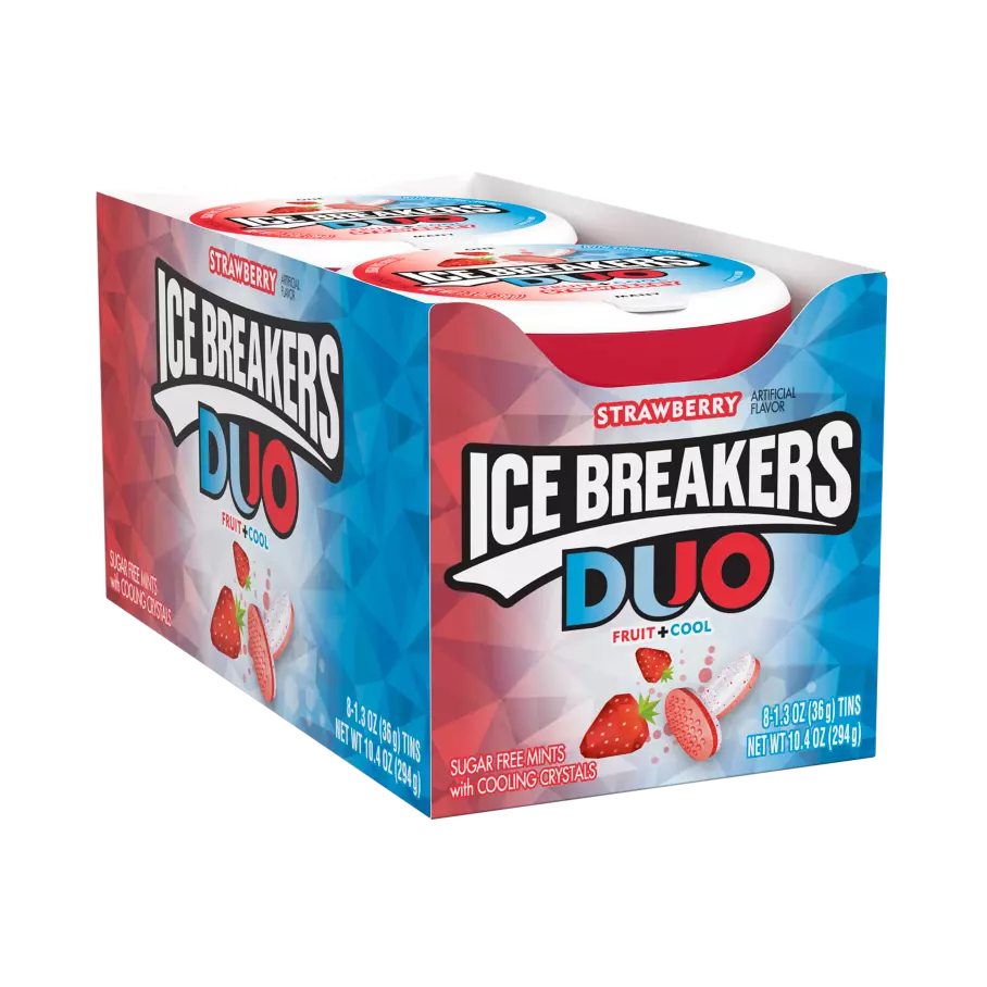ICE BREAKERS DUO Strawberry Sugar Free Mints, 1.3 oz puck, 8 count box - Front of Package