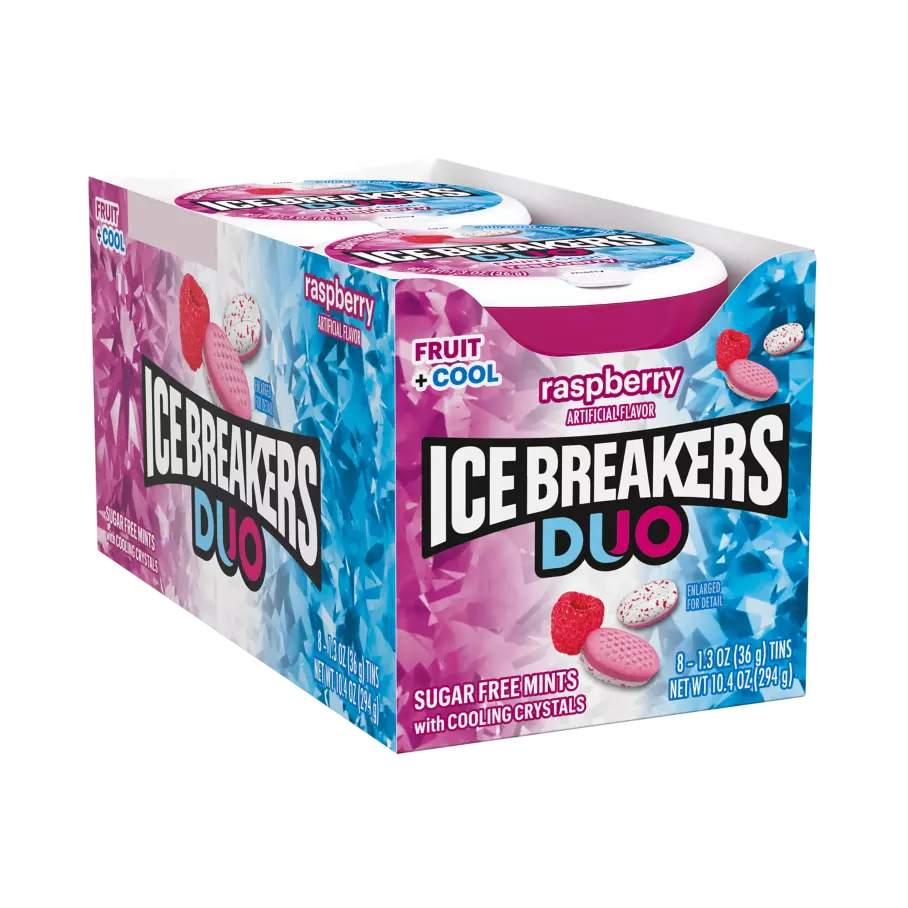 ICE BREAKERS DUO Raspberry Sugar Free Mints, 10.4 oz box, 8 count - Front of Package