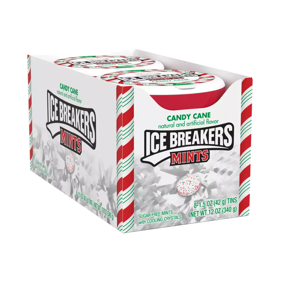 ICE BREAKERS Candy Cane Sugar Free Mints, 1.5 oz puck, 8 count box - Front of Package