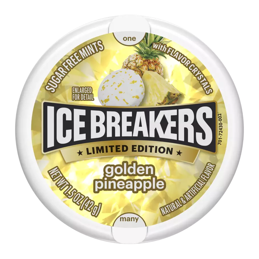 ICE BREAKERS Golden Pineapple Sugar Free Mints, 1.5 oz puck - Front of Package
