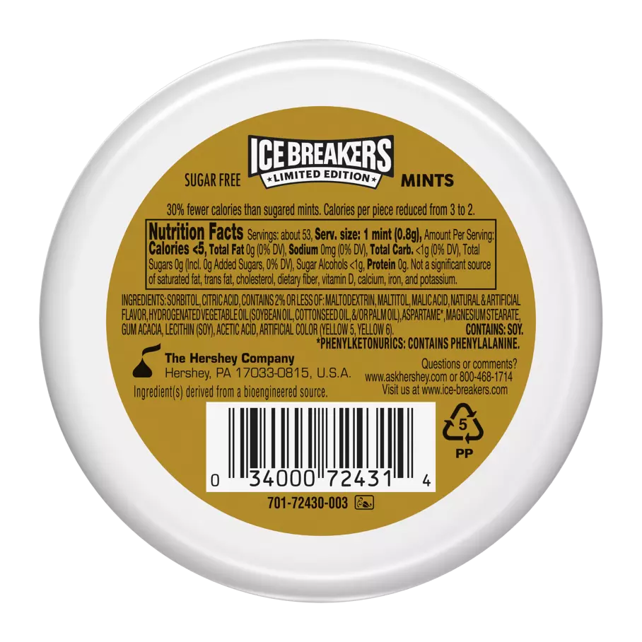 ICE BREAKERS Golden Pineapple Sugar Free Mints, 1.5 oz puck - Back of Package