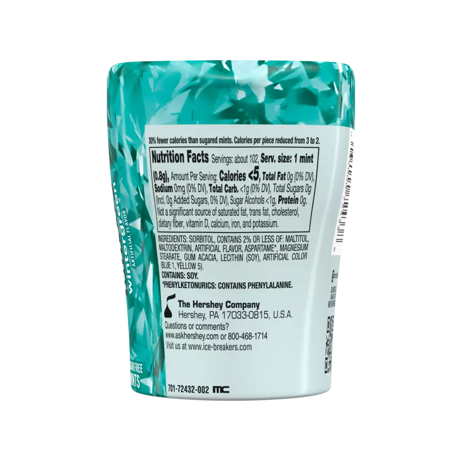 ICE BREAKERS Wintergreen Sugar Free Mints, 2.89 oz bottle - Back of Package