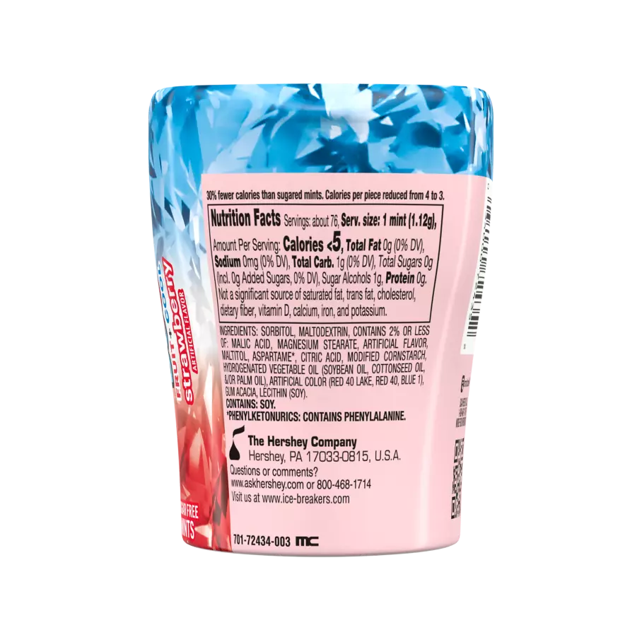 ICE BREAKERS DUO Strawberry Sugar Free Mints, 2.99 oz bottle, 73 pieces - Back of Package