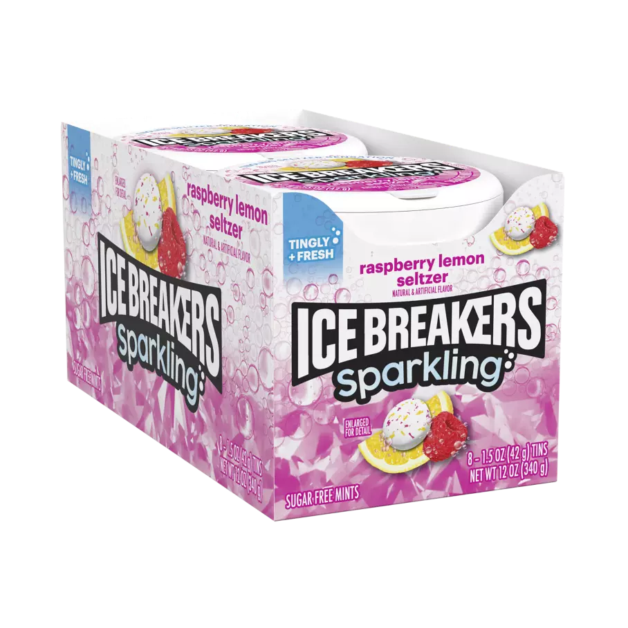 ICE BREAKERS Sparkling Raspberry Lemon Seltzer Sugar Free Mints, 1.5 oz puck, 8 count box - Front of Package