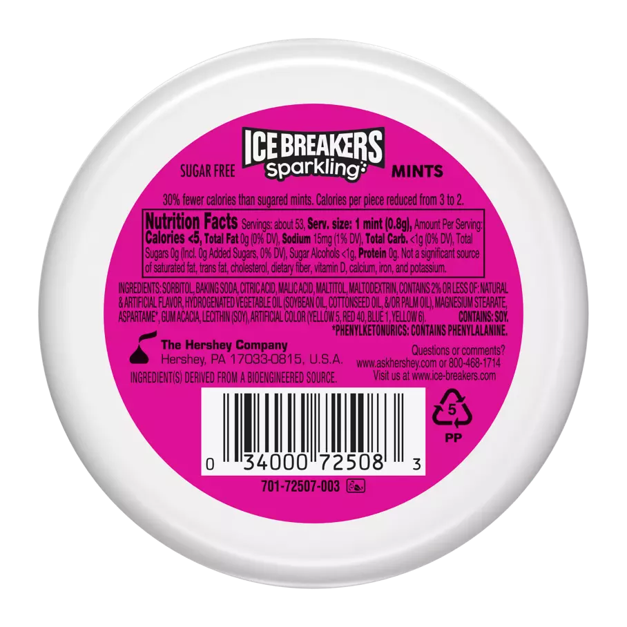 ICE BREAKERS Sparkling Raspberry Lemon Seltzer Sugar Free Mints, 1.5 oz puck - Back of Package