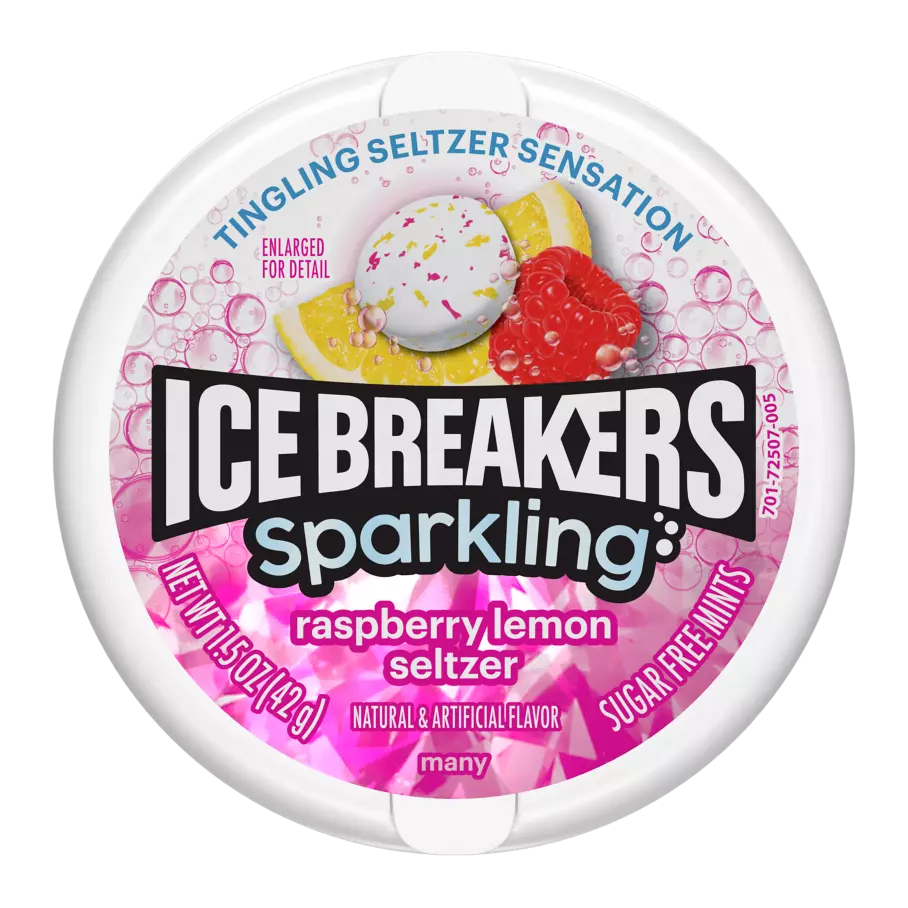 ICE BREAKERS Sparkling Raspberry Lemon Seltzer Sugar Free Mints, 1.5 oz puck, 8 count box - Out of Package