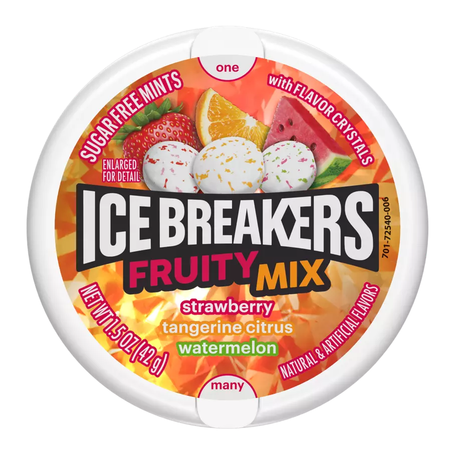 ICE BREAKERS Fruity Mix Sugar Free Mints, 1.5 oz puck - Front of Package