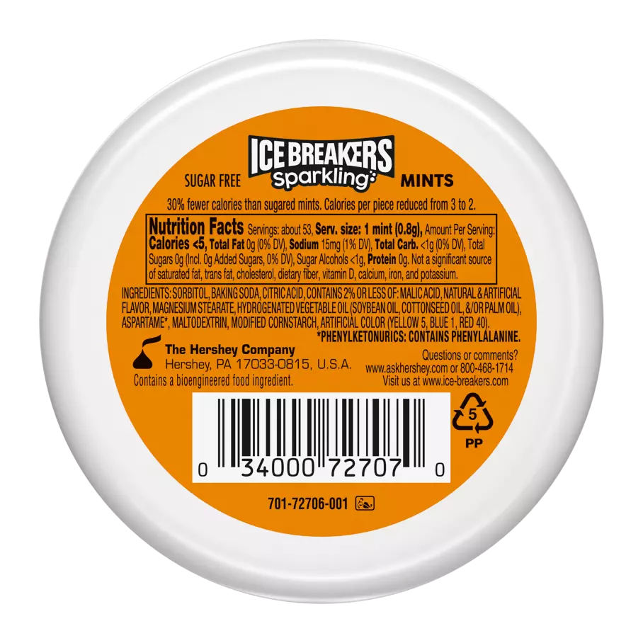 ICE BREAKERS Sparkling Pineapple Mango Seltzer Sugar Free Mints, 1.5 oz puck - Back of Package