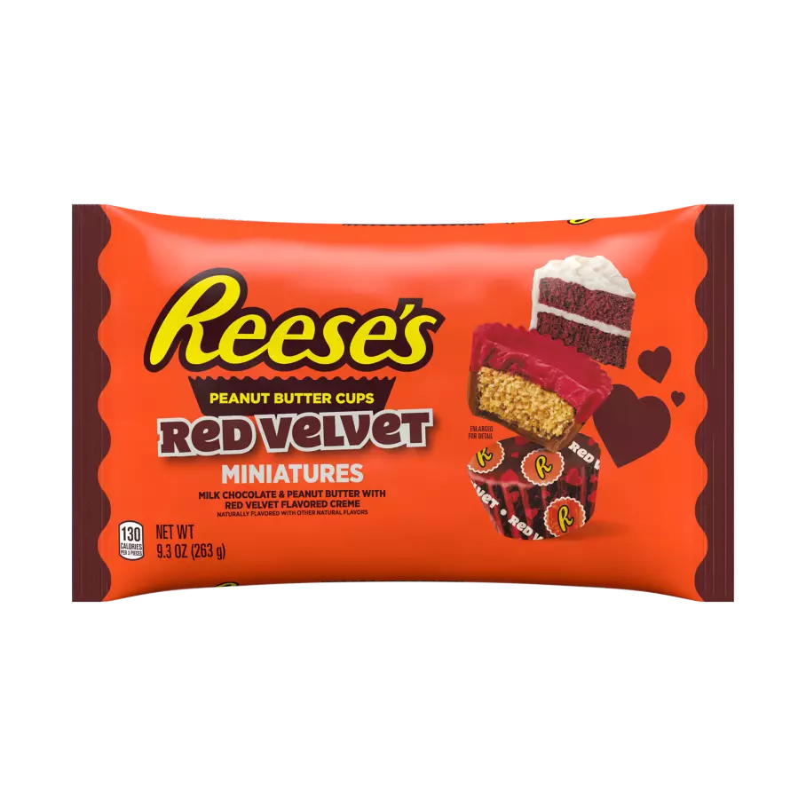 REESE'S Red Velvet Milk Chocolate Miniatures Peanut Butter Cups, 9.3 oz bag - Front of Package