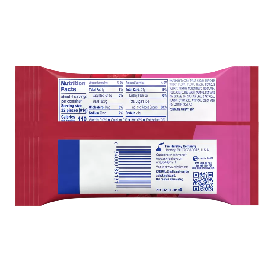 TWIZZLERS NIBS Cherry Flavored King Size Candy, 4.28 oz bag - Back of Package