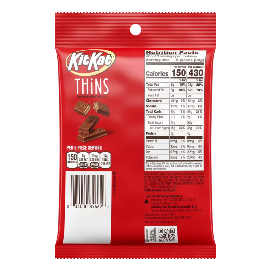 KIT KAT® THiNS Milk Chocolate Candy Bars, 3.1 oz bag - Back of Package
