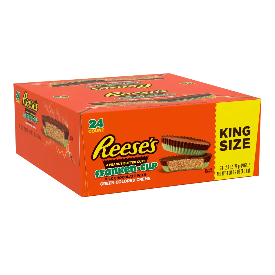 REESE'S Franken-Cup Milk Chocolate King Size Peanut Butter Cups, 2.8 oz, 24 count box - Front of Package