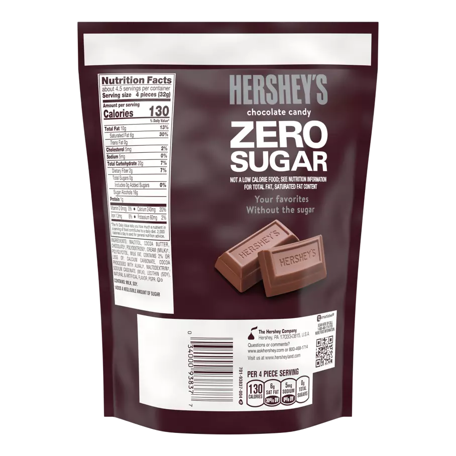 HERSHEY'S Zero Sugar Chocolate Candy Bars, 5.1 oz bag - Back of Package