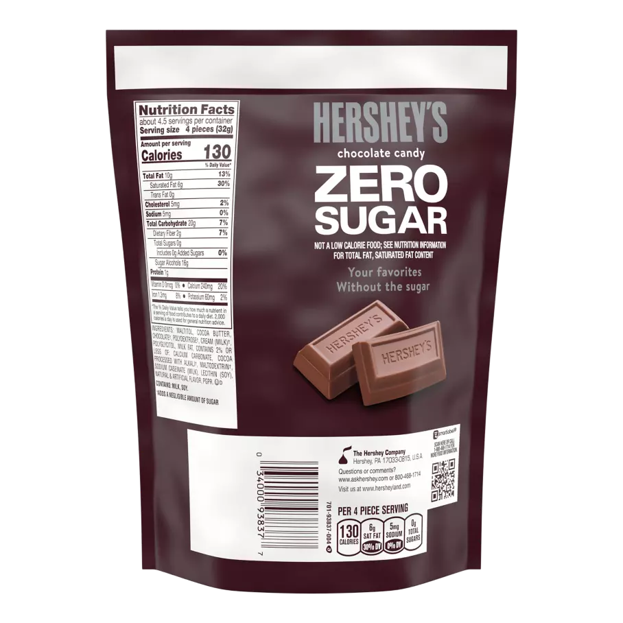 HERSHEY'S Zero Sugar Chocolate Candy, 5.1 oz bag - Back of Package