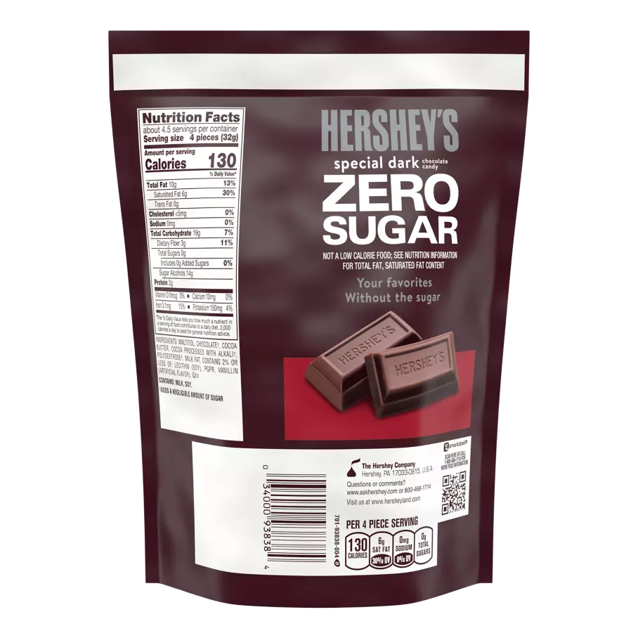 HERSHEY'S SPECIAL DARK Zero Sugar Chocolate Candy Bars, 5.1 oz bag - Back of Package
