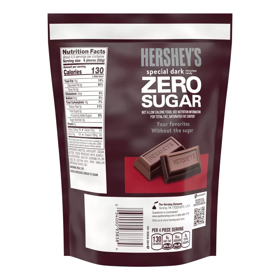 HERSHEY'S SPECIAL DARK Zero Sugar Chocolate Candy, 5.1 oz bag - Back of Package